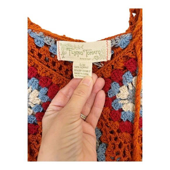 Flying Tomato Crochet Granny Square Hooded Poncho Sweater Sz S/M Orange - Picture 2 of 4